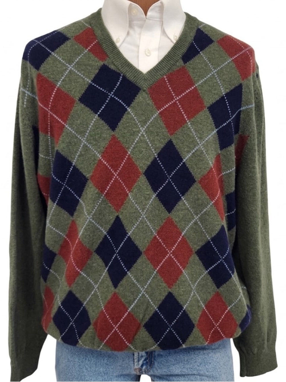VTG LL Bean Mens Lambswool Argyle V Neck Sweater Jewel Tone Heritage Y2K Large